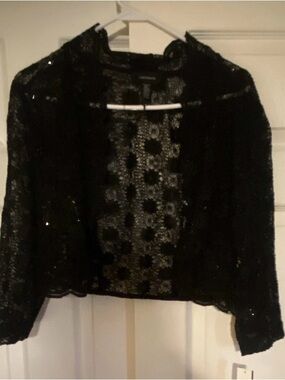 R&M Richards Black Cropped Open-Knit Cardigan with Sparkle